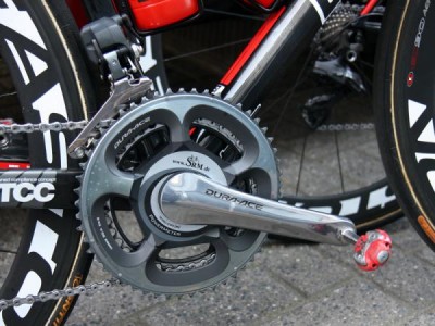 Like many pros, George Hincapie (BMC) regularly races on an SRM power meter as he did at Scheldeprijs..jpg